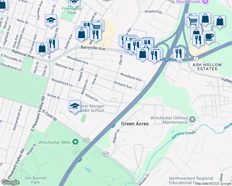 map of restaurants, bars, coffee shops, grocery stores, and more near 1009 Franklin Street in Winchester