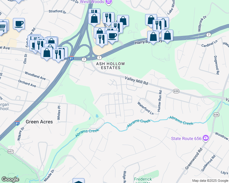 map of restaurants, bars, coffee shops, grocery stores, and more near 116 Windstone Drive in Winchester