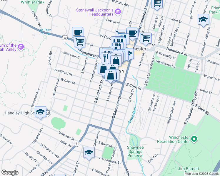 map of restaurants, bars, coffee shops, grocery stores, and more near 224 South Loudoun Street in Winchester