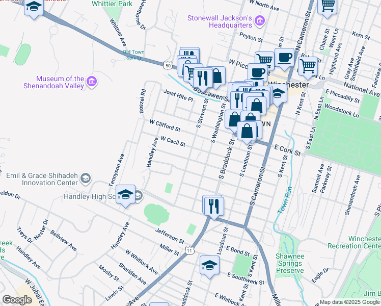 map of restaurants, bars, coffee shops, grocery stores, and more near 222 West Cecil Street in Winchester
