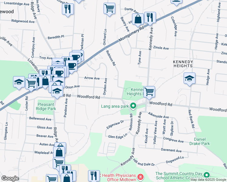 map of restaurants, bars, coffee shops, grocery stores, and more near 6063 Robison Road in Cincinnati