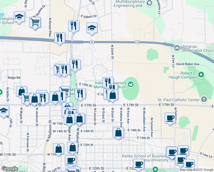 map of restaurants, bars, coffee shops, grocery stores, and more near 404 East 20th Street in Bloomington