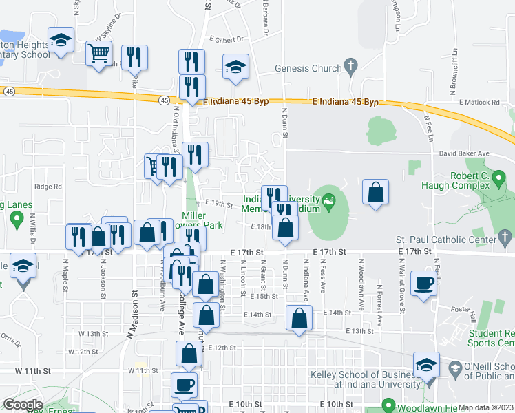 map of restaurants, bars, coffee shops, grocery stores, and more near in Bloomington