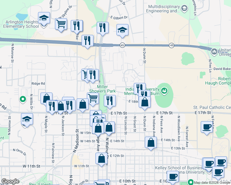 map of restaurants, bars, coffee shops, grocery stores, and more near in Bloomington