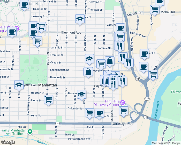 map of restaurants, bars, coffee shops, grocery stores, and more near 609 Leavenworth Street in Manhattan