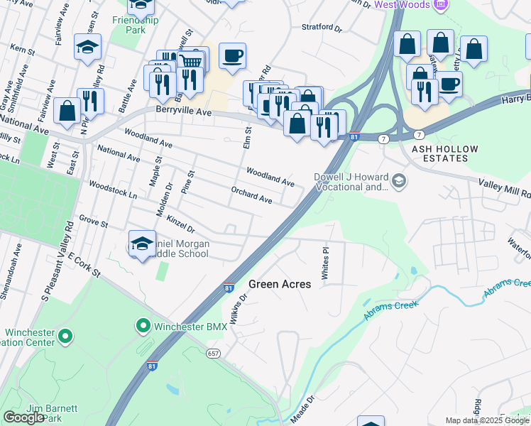 map of restaurants, bars, coffee shops, grocery stores, and more near 1112 Franklin Street in Winchester