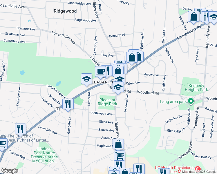 map of restaurants, bars, coffee shops, grocery stores, and more near 3157 Woodford Road in Cincinnati