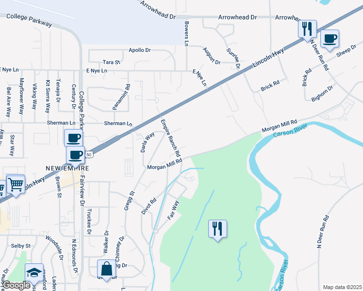map of restaurants, bars, coffee shops, grocery stores, and more near 2331 Empire Ranch Road in Carson City