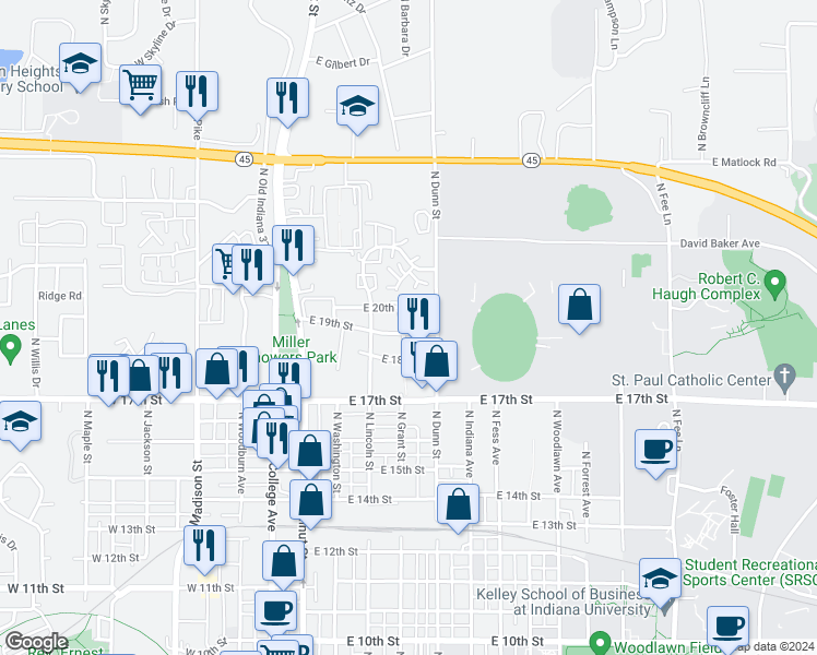 map of restaurants, bars, coffee shops, grocery stores, and more near 401 East 19th Street in Bloomington
