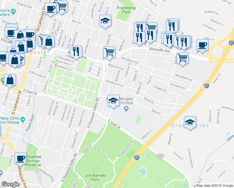 map of restaurants, bars, coffee shops, grocery stores, and more near 24 North Purcell Avenue in Winchester