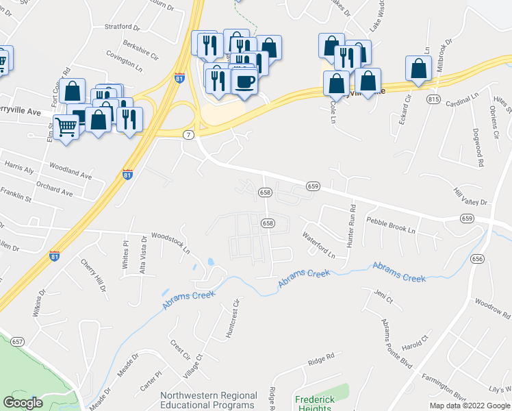 map of restaurants, bars, coffee shops, grocery stores, and more near 108 Windstone Drive in Winchester