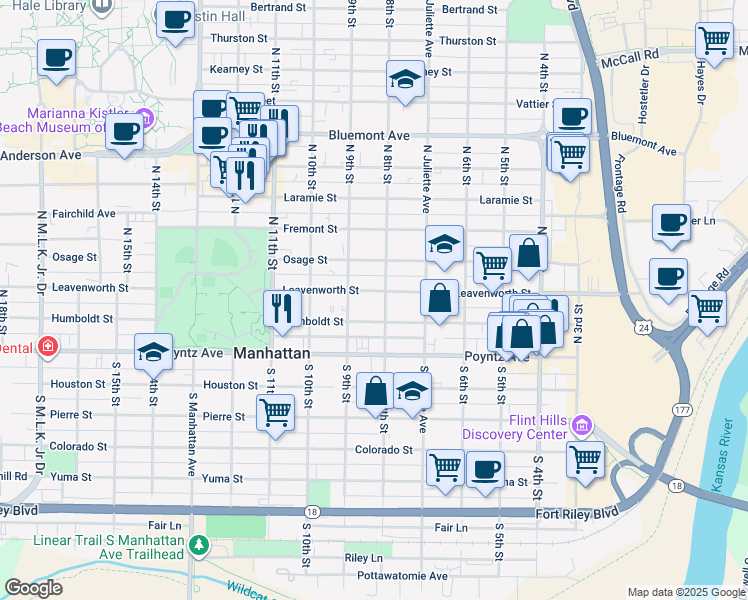 map of restaurants, bars, coffee shops, grocery stores, and more near 801 Leavenworth Street in Manhattan