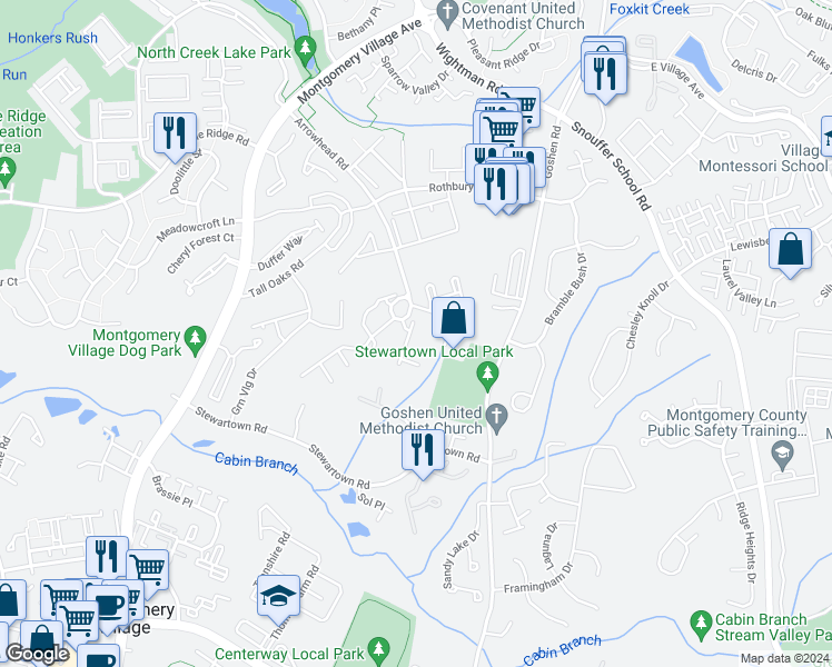 map of restaurants, bars, coffee shops, grocery stores, and more near 19863 Bazzellton Place in Gaithersburg