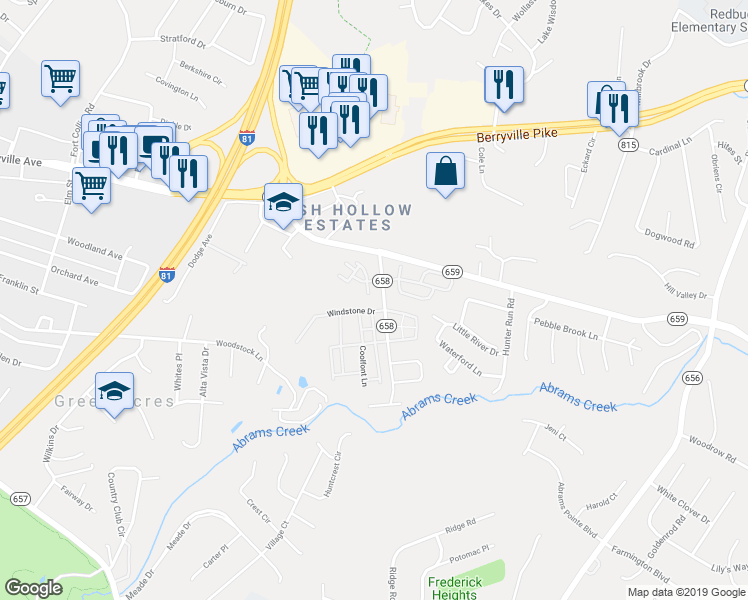 map of restaurants, bars, coffee shops, grocery stores, and more near 104 Windstone Drive in Winchester