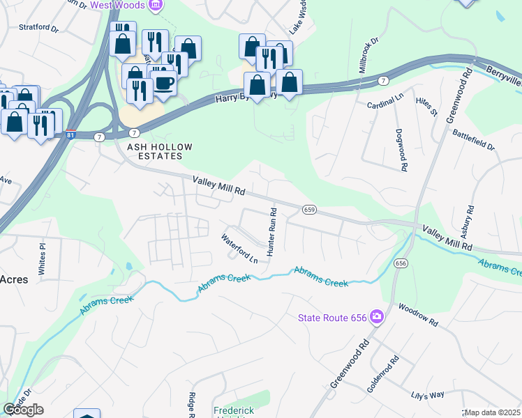 map of restaurants, bars, coffee shops, grocery stores, and more near 108 Parkside Drive in Winchester