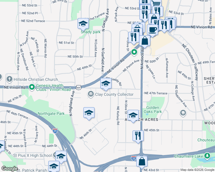 map of restaurants, bars, coffee shops, grocery stores, and more near 2128 Northeast 48th Street in Kansas City