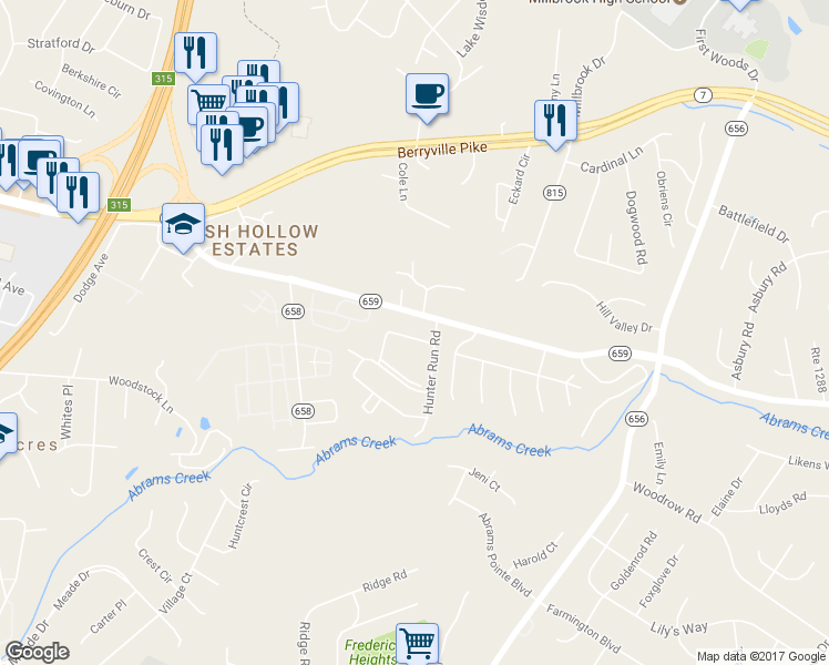 map of restaurants, bars, coffee shops, grocery stores, and more near 108 Parkside Drive in Winchester