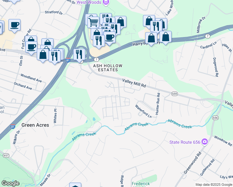 map of restaurants, bars, coffee shops, grocery stores, and more near 102 Windstone Drive in Winchester