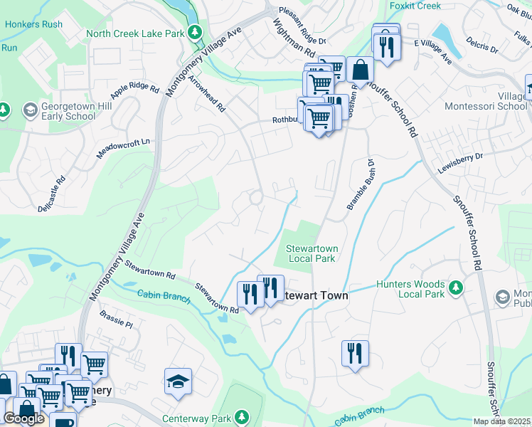 map of restaurants, bars, coffee shops, grocery stores, and more near 19863 Bazzellton Place in Gaithersburg