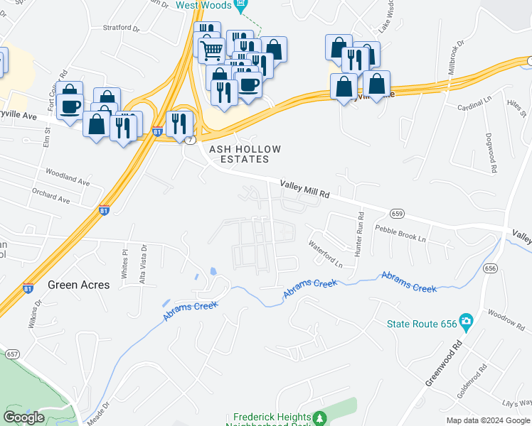map of restaurants, bars, coffee shops, grocery stores, and more near 100 Windstone Drive in Winchester