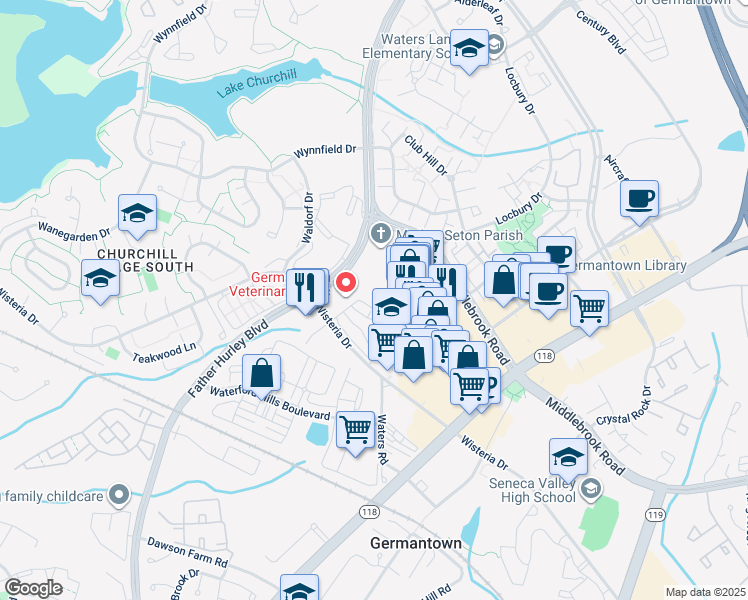 map of restaurants, bars, coffee shops, grocery stores, and more near 13110 Briarcliff Terrace in Germantown