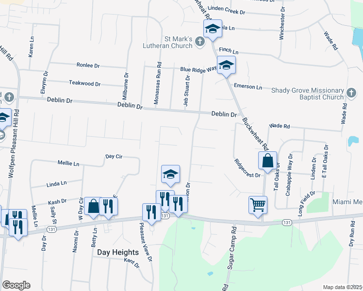 map of restaurants, bars, coffee shops, grocery stores, and more near 1300 Jerry Lane in Milford