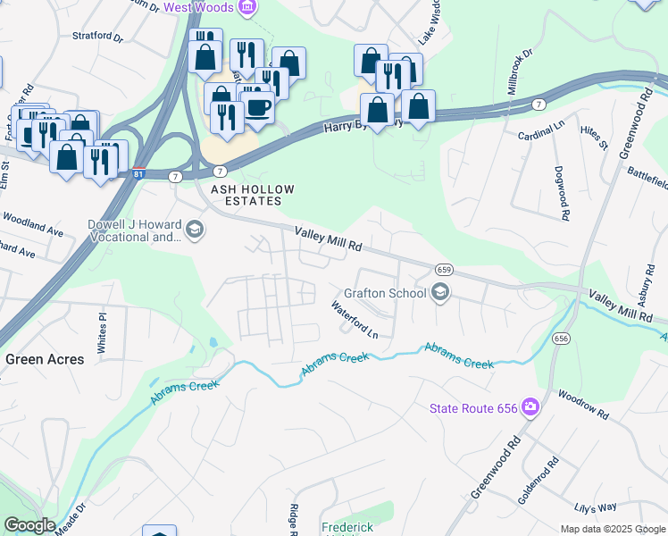 map of restaurants, bars, coffee shops, grocery stores, and more near 164 Brookland Court in Winchester