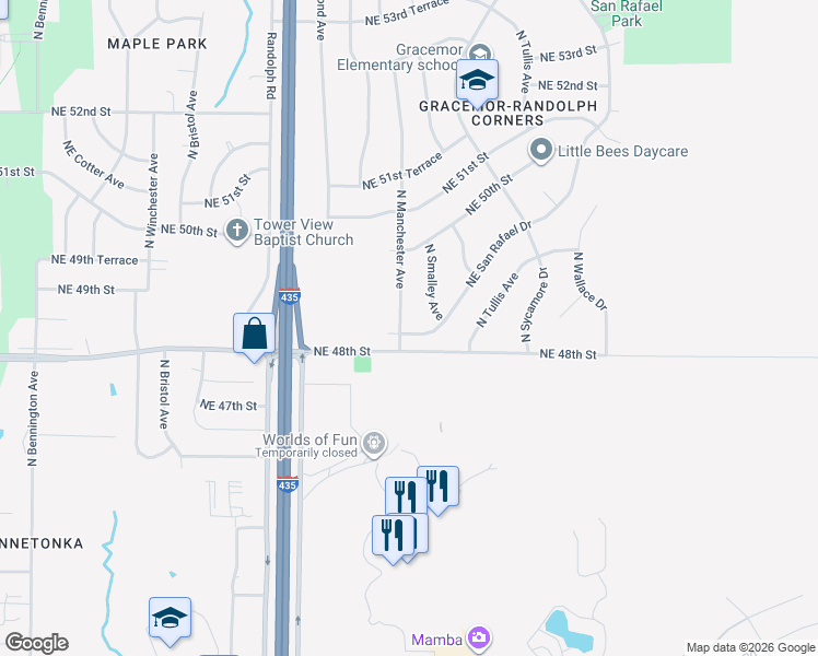 map of restaurants, bars, coffee shops, grocery stores, and more near 4831 North Manchester Avenue in Kansas City