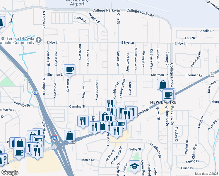 map of restaurants, bars, coffee shops, grocery stores, and more near 2275 Airport Road in Carson City