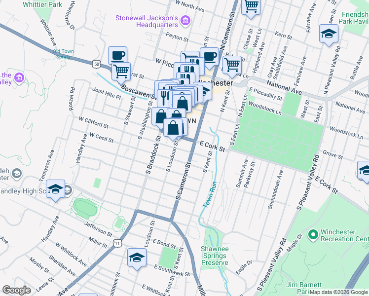 map of restaurants, bars, coffee shops, grocery stores, and more near 224 South Loudoun Street in Winchester