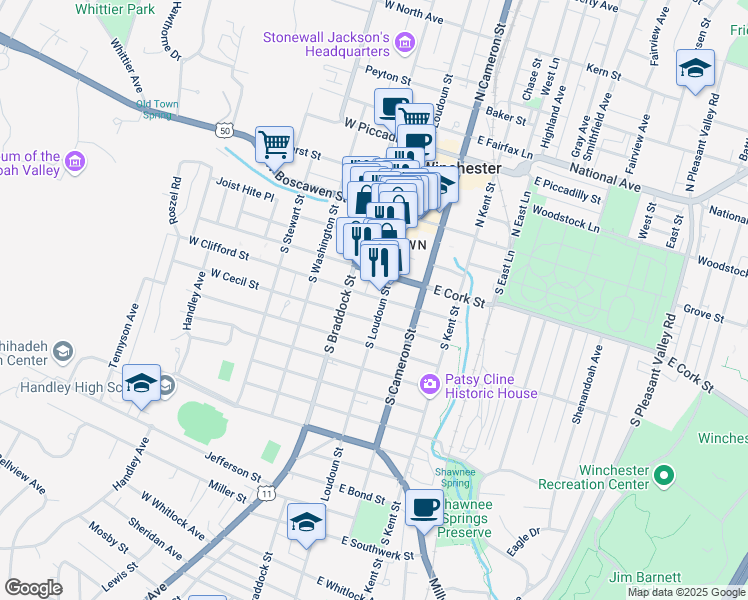 map of restaurants, bars, coffee shops, grocery stores, and more near 224 South Loudoun Street in Winchester