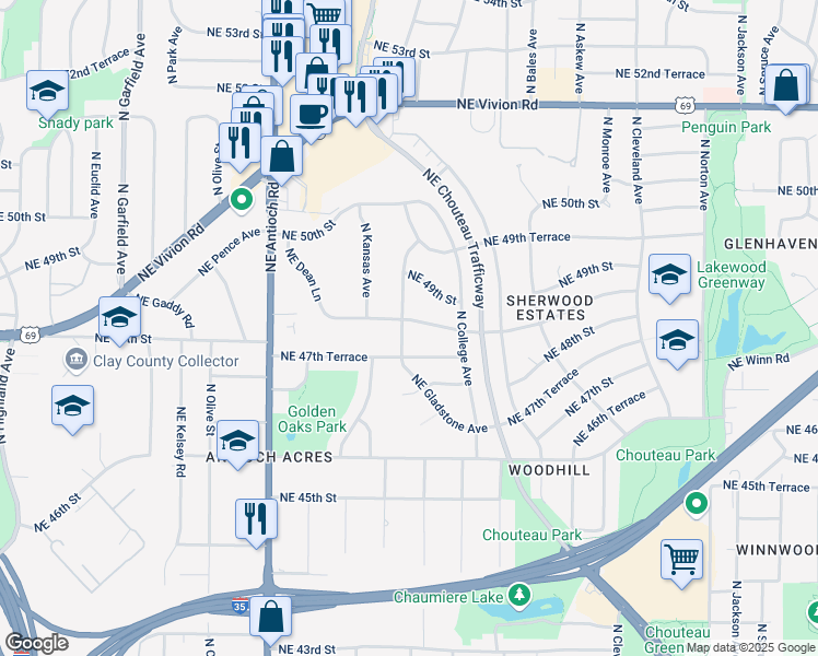 map of restaurants, bars, coffee shops, grocery stores, and more near 4831 Northeast Gladstone Avenue in Kansas City