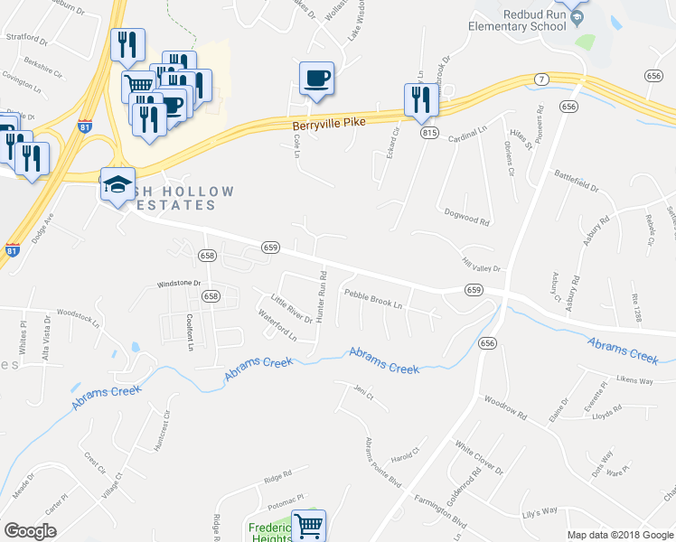 map of restaurants, bars, coffee shops, grocery stores, and more near 408 Valley Mill Road in Winchester