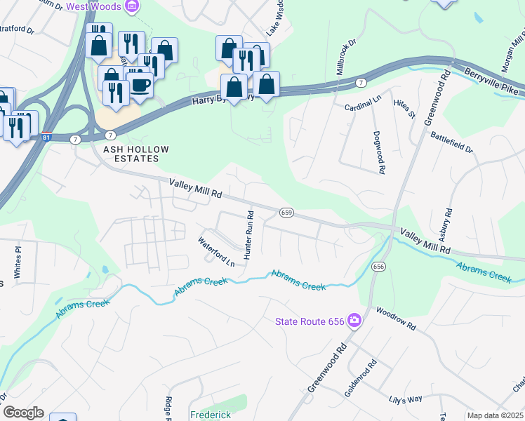 map of restaurants, bars, coffee shops, grocery stores, and more near 408 Valley Mill Road in Winchester