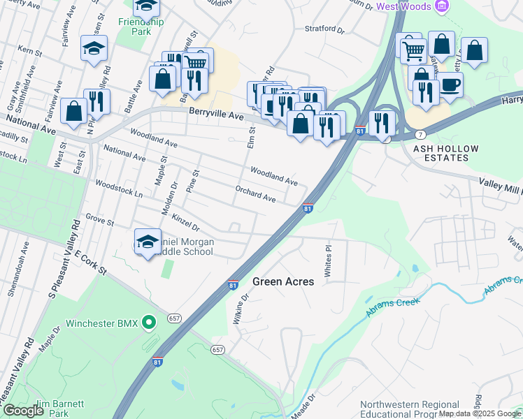 map of restaurants, bars, coffee shops, grocery stores, and more near 1049 Orchard Avenue in Winchester