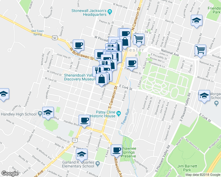 map of restaurants, bars, coffee shops, grocery stores, and more near 224 South Loudoun Street in Winchester