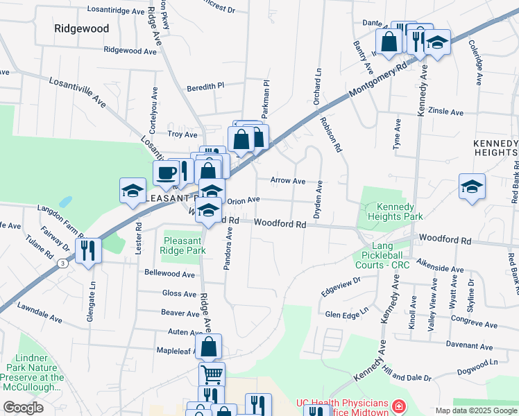 map of restaurants, bars, coffee shops, grocery stores, and more near 6021 Woodmont Avenue in Cincinnati