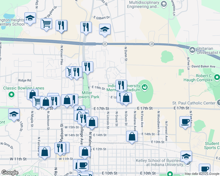 map of restaurants, bars, coffee shops, grocery stores, and more near in Bloomington