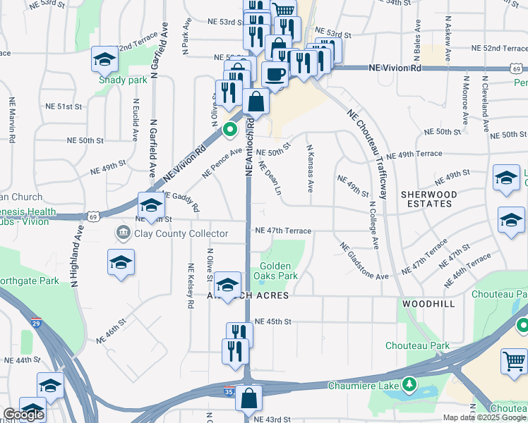 map of restaurants, bars, coffee shops, grocery stores, and more near 4805 Northeast Antioch Road in Kansas City