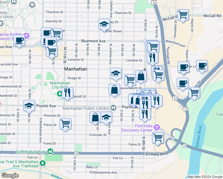 map of restaurants, bars, coffee shops, grocery stores, and more near 221 North Juliette Avenue in Manhattan