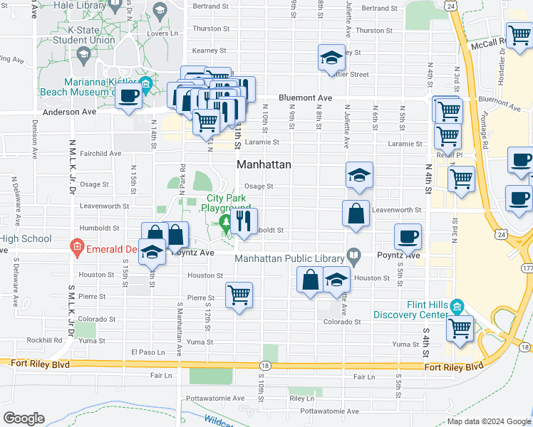 map of restaurants, bars, coffee shops, grocery stores, and more near 931 Leavenworth Street in Manhattan