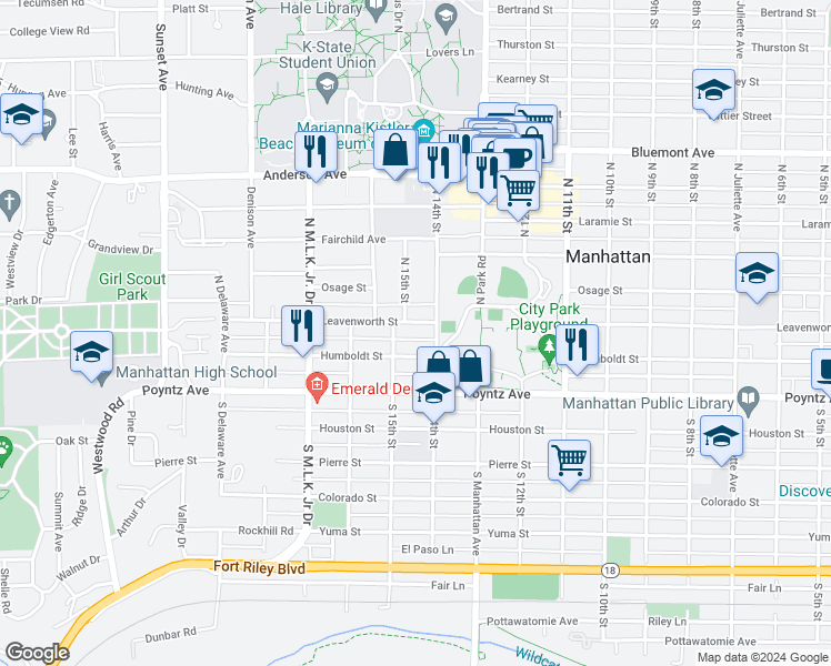 map of restaurants, bars, coffee shops, grocery stores, and more near 1417 Leavenworth Street in Manhattan