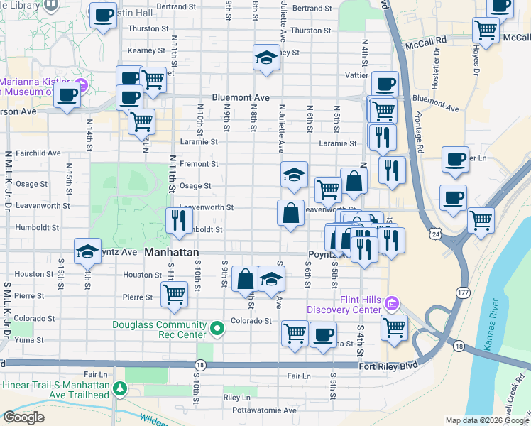 map of restaurants, bars, coffee shops, grocery stores, and more near 221 North Juliette Avenue in Manhattan
