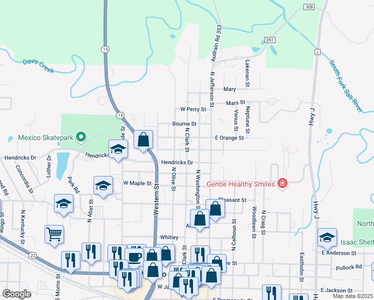 map of restaurants, bars, coffee shops, grocery stores, and more near 299 West Vine Street in Mexico
