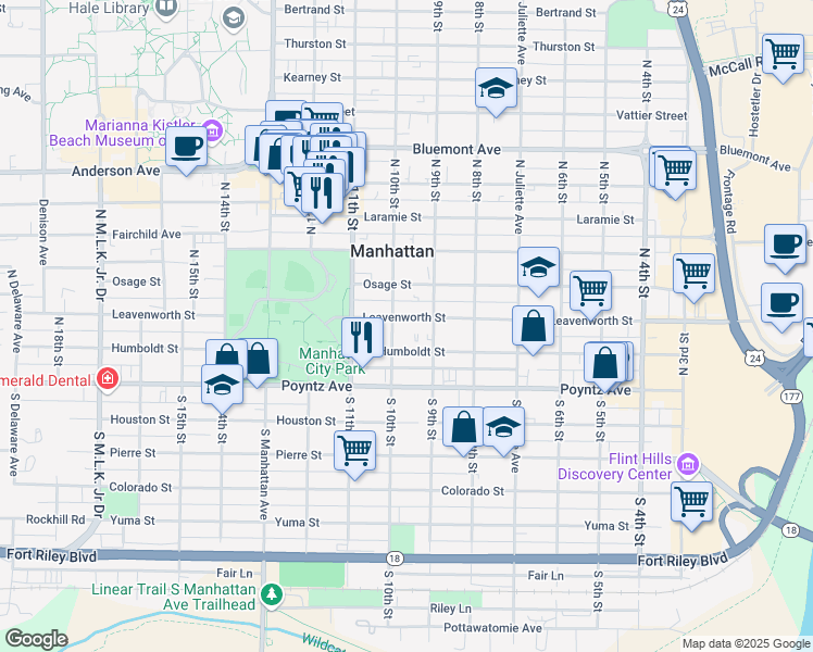 map of restaurants, bars, coffee shops, grocery stores, and more near 921 Leavenworth Street in Manhattan