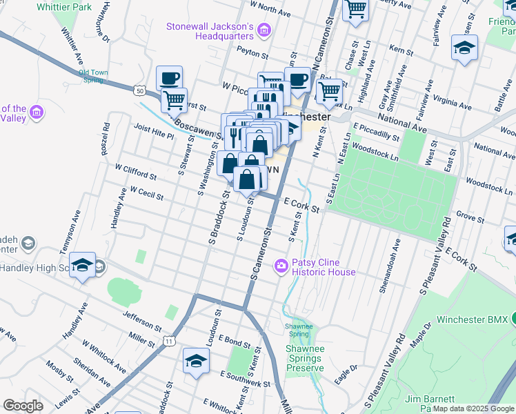 map of restaurants, bars, coffee shops, grocery stores, and more near 12 East Clifford Street in Winchester