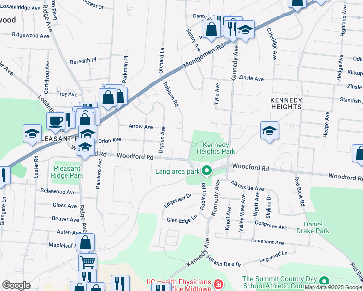 map of restaurants, bars, coffee shops, grocery stores, and more near 6063 Robison Road in Cincinnati