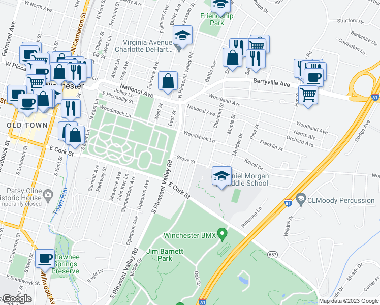 map of restaurants, bars, coffee shops, grocery stores, and more near 22 North Euclid Avenue in Winchester