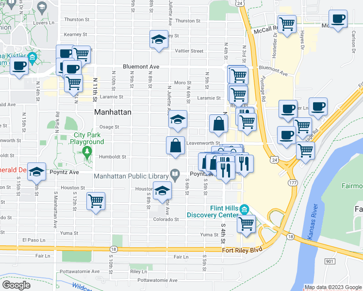 map of restaurants, bars, coffee shops, grocery stores, and more near 609 Leavenworth Street in Manhattan