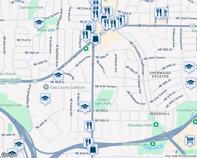 map of restaurants, bars, coffee shops, grocery stores, and more near 4805 Northeast Antioch Road in Kansas City